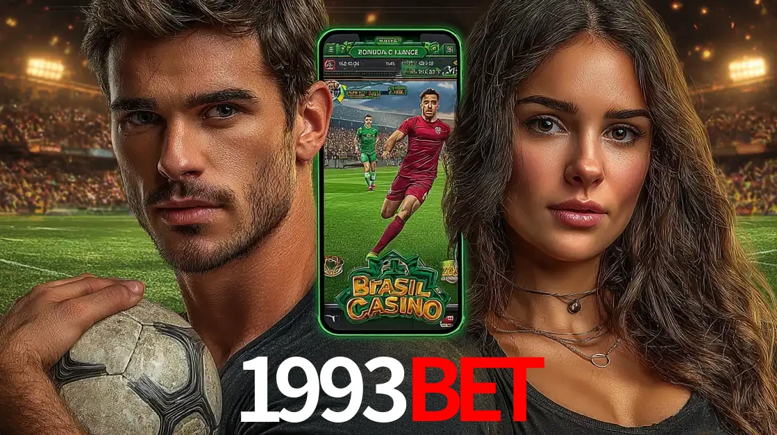 Homem segurando uma bola de futebol e uma mulher ao lado de um smartphone exibindo o jogo de apostas esportivas da 1993bet. Faça seu palpite no cassino online.